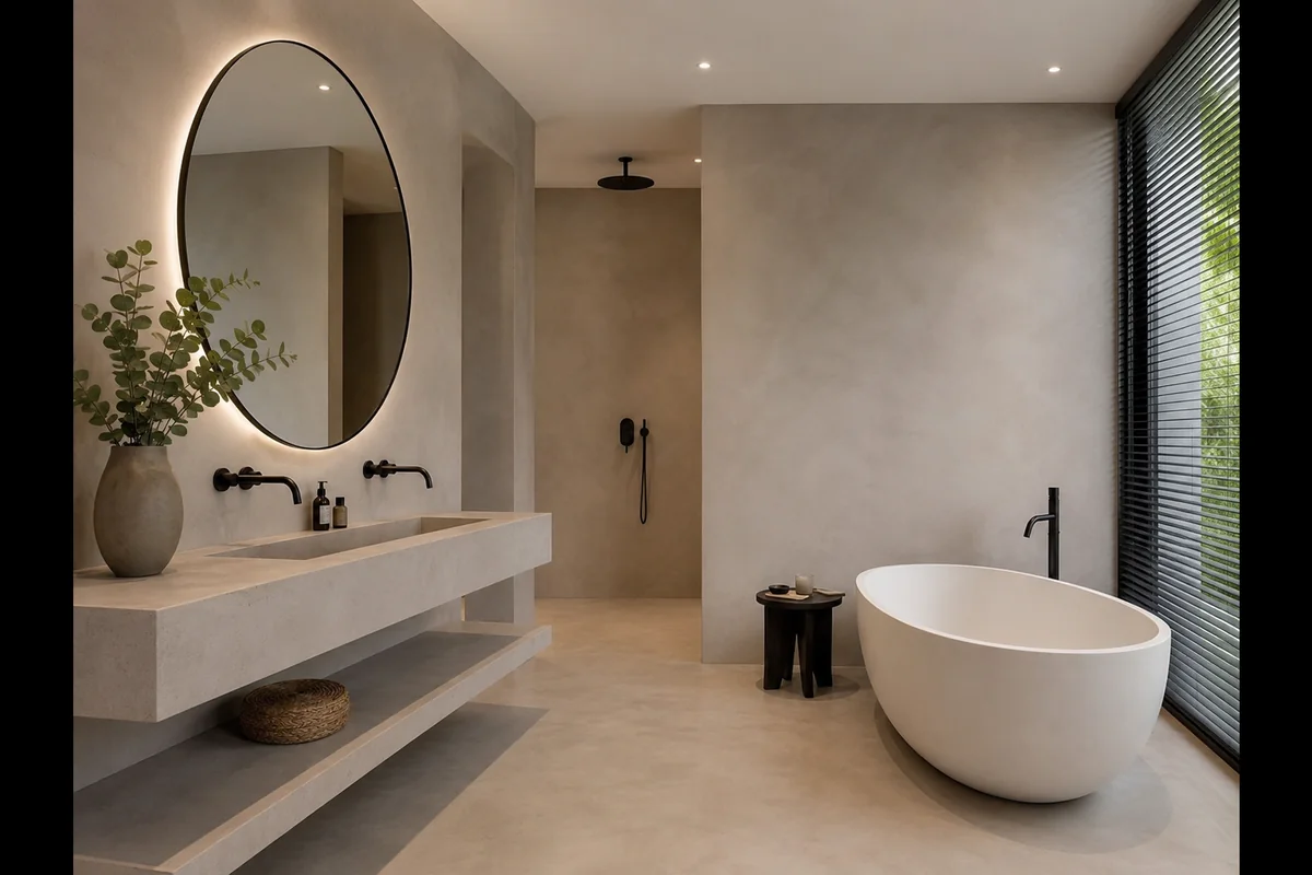 Betonlook tegels met houten badmeubel