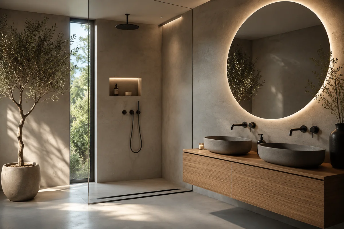 Betonlook badkamer met naadloze microcement wanden